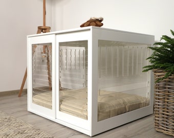 Fully transparent modern dog crate with sliding door with a stopper Dordrecht. Dog kennel, dog house, dog bed, indoor dog house, dog cage.