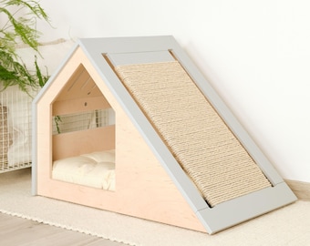 Modern cat house with changeable scratcher/cat bed/cat pillow/wooden cat house/cat kenne/cat furniture/cat cave/cat scratching