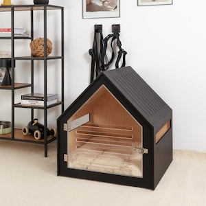 Dog crate with acrylic door and cotton cushion PetSo with all over painting. Dog crate furniture/indoor dog house/stylish dog crate