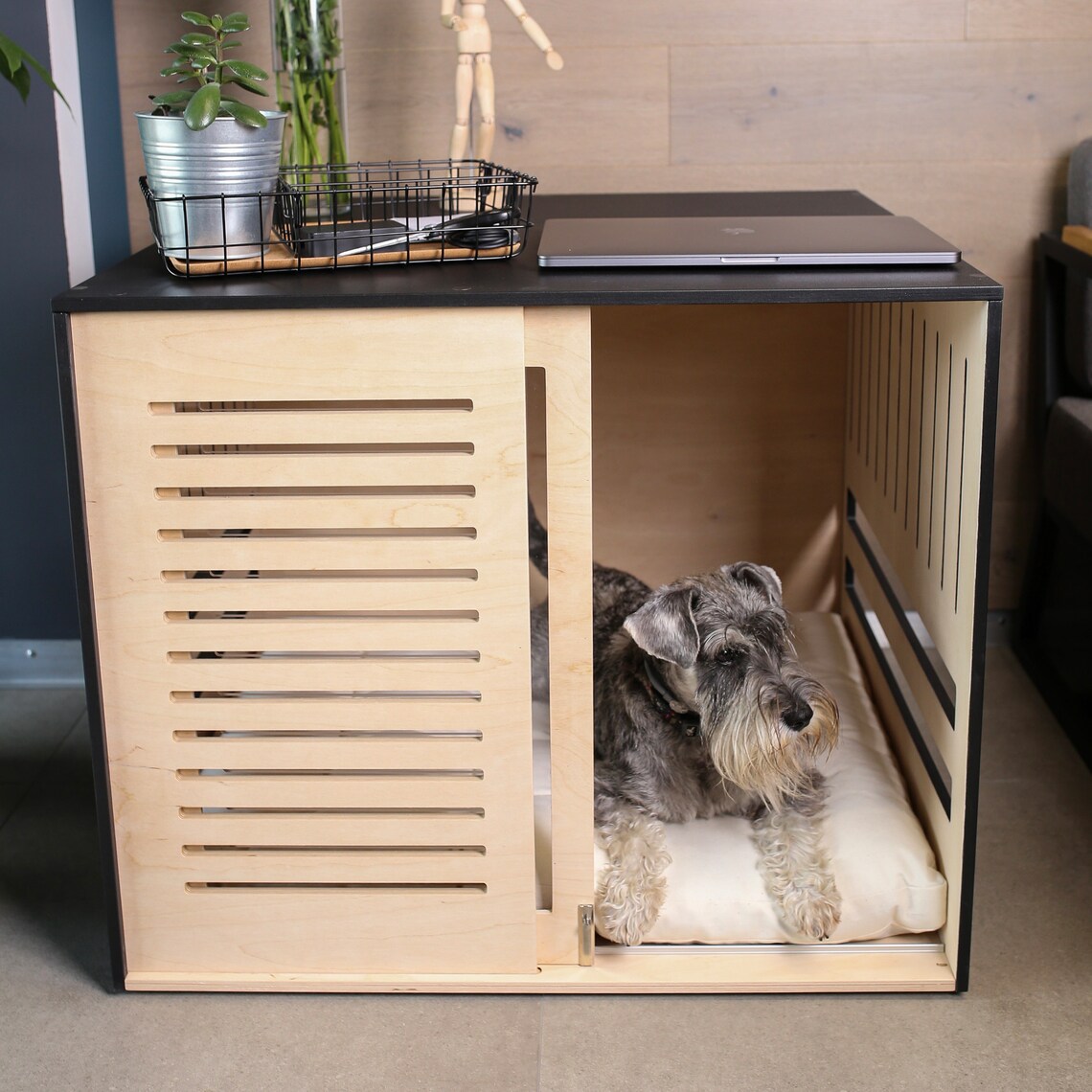 Beautiful view of Live Edge Dog Crate With Hidden Hinges