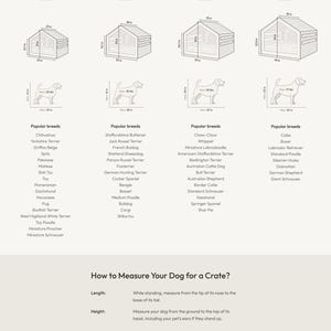 May include: A sizing chart for dog crates featuring four sizes labeled S, M, L, and XL. Each size includes line drawings of crates with dimensions in inches, maximum dog weight in pounds, and a list of popular dog breeds for each size category.
