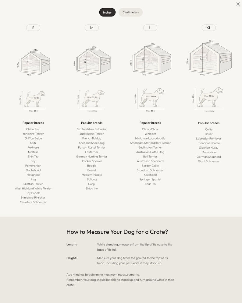 May include: A sizing chart for dog crates featuring four sizes labeled S, M, L, and XL. Each size includes line drawings of crates with dimensions in inches, maximum dog weight in pounds, and a list of popular dog breeds for each size category.