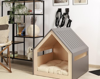 Modern crate/house for small and medium dogs, soft cotton cushion is included, free customization with pet name.