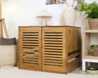 Modern dog crate with wooden sliding door with a stopper Dordrecht Wood. Dog kennel, dog house, dog bed, indoor dog house, dog cage.