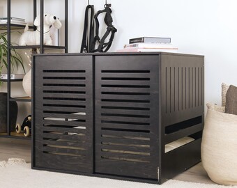 Modern dog crate with wooden sliding door with a stopper Dordrecht Wood. Dog kennel, dog house, dog bed, indoor dog house, dog cage.