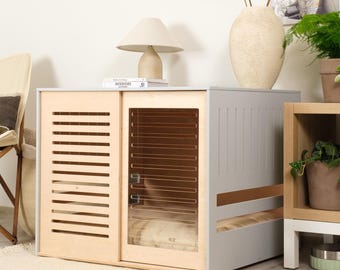 Modern dog crate with acrylic sliding door with a stopper Dordrecht. Dog kennel, dog house, dog bed, indoor dog house, dog cage.