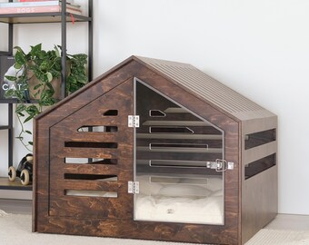 Modern design dog crate with acrylic door Venlo Wood. Dog kennel, dog house, dog bed, indoor dog house, dog cage.