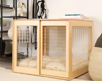Fully transparent modern dog crate with sliding door with a stopper Dordrecht. Dog kennel, dog house, dog bed, indoor dog house, dog cage.