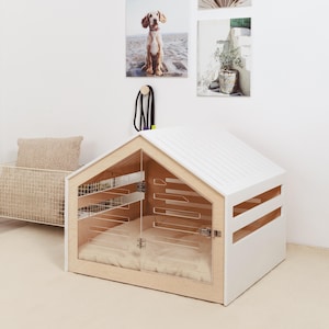 Dog kennel with acrylic front panel and door with a latch, model Venlo. Indoor wooden crate for small, medium and large dogs.
