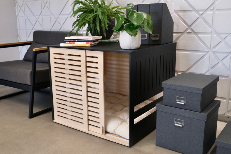 View of Modern Dog Crate With Wooden Sliding Door With a Latch - Etsy