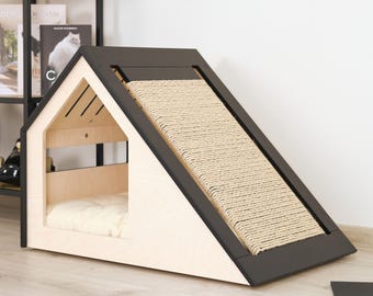 Modern cat house with changeable scratcher/cat bed/cat pillow/wooden cat house/cat kenne/cat furniture/cat cave/cat scratching