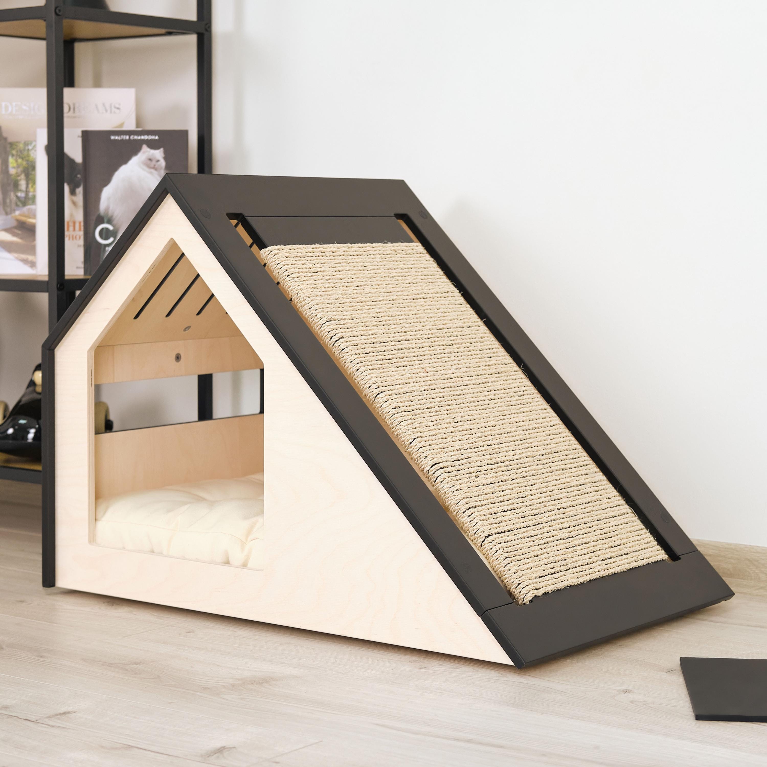 Modern cat house with changeable scratcher/cat bed/cat pillow/wooden cat house/cat kenne/cat furniture/cat cave/cat scratching