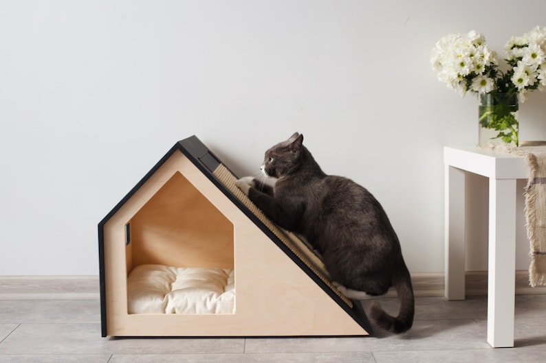 Modern cat house with changeable scratcher/cat bed/cat pillow/wooden cat house/cat kenne/cat furniture/cat cave/cat scratching image 1