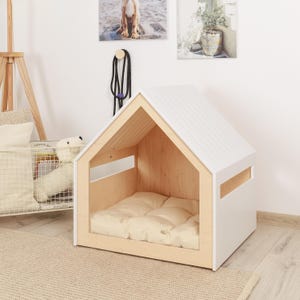 Modern crate/house for small and medium dogs, soft cotton cushion is included, free customization with pet name.