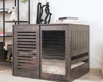 Modern dog crate with acrylic sliding door with a stopper Dordrecht Wood. Dog kennel, dog house, dog bed, indoor dog house, dog cage.