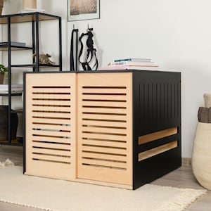 Modern dog crate with wooden sliding door with a latch Dordrecht. Dog kennel, dog house, dog bed, indoor dog house, dog furniture, dog cage.