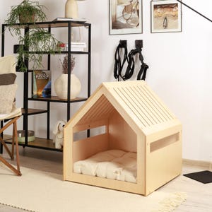 Modern crate/house for small and medium dogs, soft cotton cushion is included, free customization with pet name.