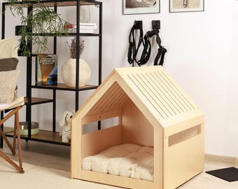 Modern crate/house for small and medium dogs, soft cotton cushion is included, free customization with pet name.