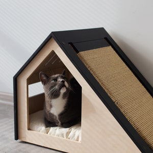 Modern cat house with changeable scratcher/cat bed/cat pillow/wooden cat house/cat kenne/cat furniture/cat cave/cat scratching image 7