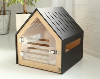 Niche moderne pour chien et chat avec porte en acrylique PetSo. Lit pour chien, lit pour chat, meubles pour chien, niche pour chien d'intérieur, chenil pour chien, cage pour chien, niche pour chien.