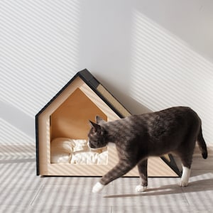 Modern cat house with changeable scratcher/cat bed/cat pillow/wooden cat house/cat kenne/cat furniture/cat cave/cat scratching image 3