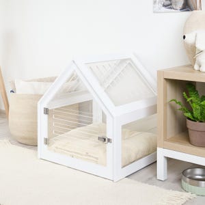 Fully transparent modern dog and cat crate with acrylic sides PetSo. Dog house, cat bed, indoor dog house, dog kennel, dog crate furniture.