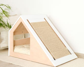 Modern cat house with changeable scratcher/cat bed/cat pillow/wooden cat house/cat kenne/cat furniture/cat cave/cat scratching