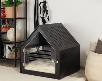 Modern dog and cat house with acrylic door PetSo stained wood. Dog crate, dog kennel, dog crate furniture, dog bed, indoor dog house.