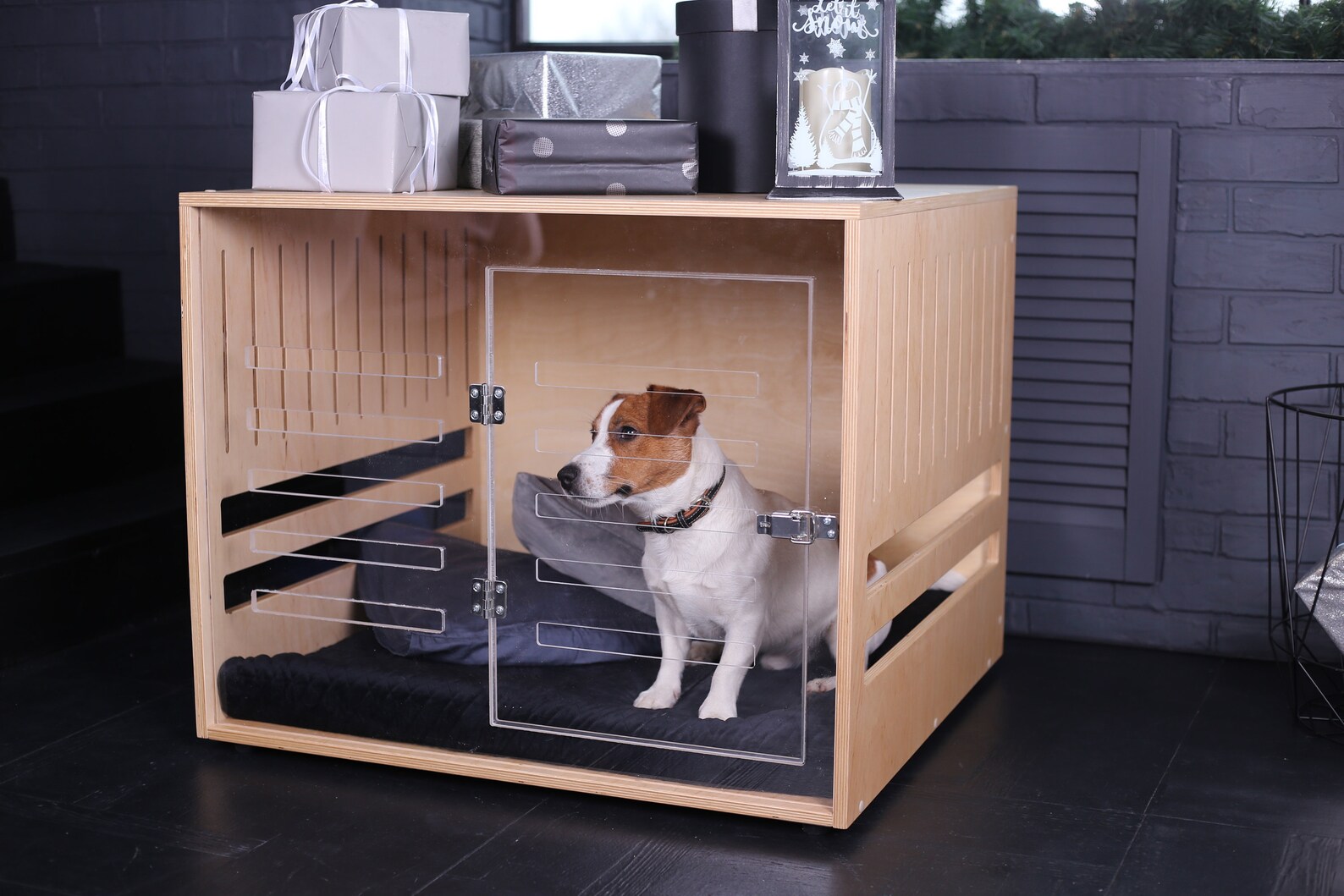 View of Wooden Dog Crate With Acrylic Front Panel and Door With a - Etsy
