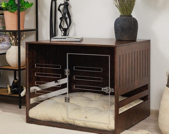 Wooden dog crate with acrylic front panel and door with a latch Dordrecht Wood. Dog kennel, dog bed, indoor dog house, dog furniture.