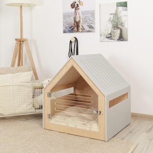 Dog crate with acrylic door and cotton cushion PetSo. Dog crate furniture/indoor dog house/dog kennel/stylish dog crate/modern dog furniture