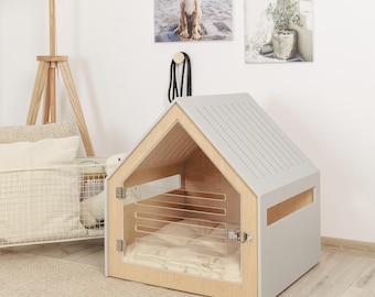 アクリル扉とコットンクッション付き犬用クレート PetSo。犬用クレート家具/室内犬用ハウス/犬小屋/スタイリッシュな犬用クレート/モダンな犬用家具