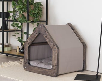 Modern dog house with fabric roof Puzzle. Lounge dog bed, dog furniture, indoor dog house, dog kennel, dog crate.