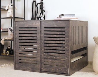 Modern dog crate with wooden sliding door with a stopper Dordrecht Wood. Dog kennel, dog house, dog bed, indoor dog house, dog cage.