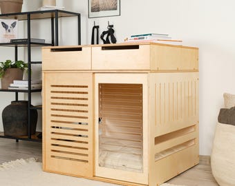 Modern dog crate with two drawers and acrylic sliding door with a stopper Dordrecht. Dog kennel, dog bed, indoor dog house, dog cage.