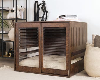 Modern dog crate with acrylic sliding door with a stopper Dordrecht Wood. Dog kennel, dog house, dog bed, indoor dog house, dog cage.
