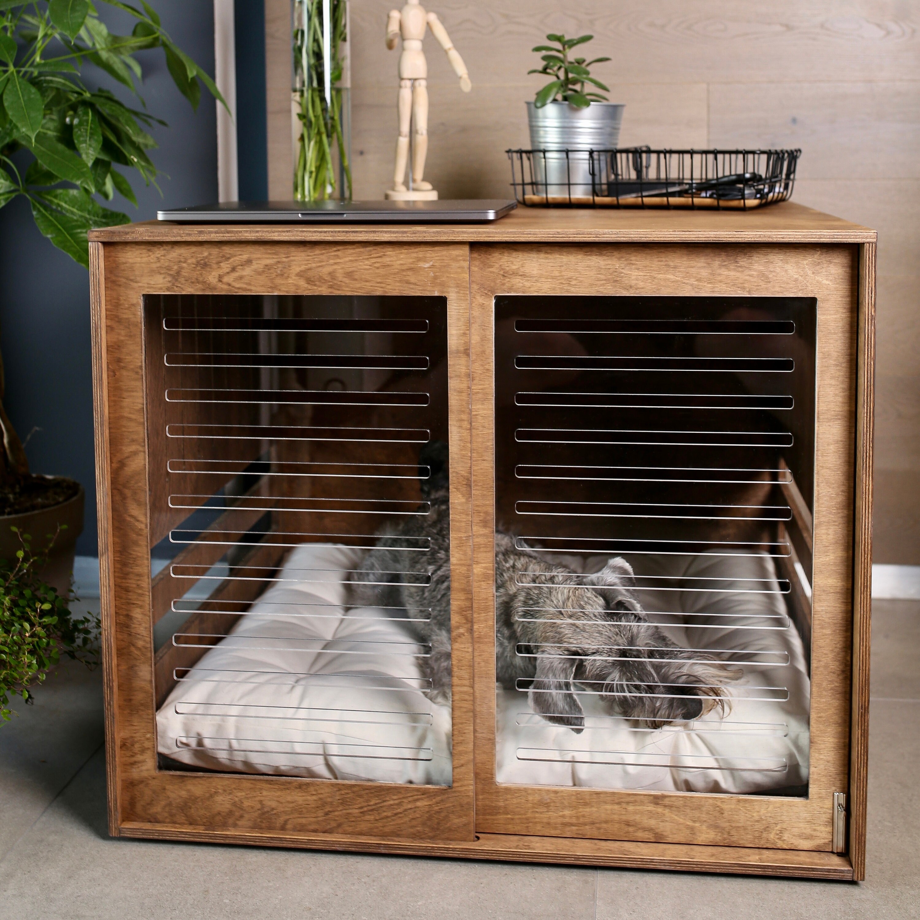 View of Modern Dog Crate With Acrylic Sliding Door With a Stopper - Etsy UK