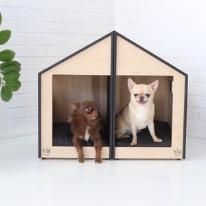 K&ouml;nnte beinhalten: Zwei kleine Hunde, ein brauner Chihuahua und ein cremefarbener Chihuahua, sitzen in einem h&ouml;lzernen Hundehaus mit zwei separaten Abteilen. Das Hundehaus ist aus hellem Holz mit schwarzen Verzierungen und dem Text "PETRO" am Boden jedes Abteils.