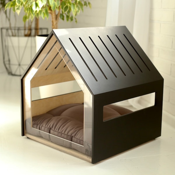 Modern dog and cat house with transparent sides PetSo. Dog bed, cat bed, dog and cat furniture, indoor dog house, dog kennel, dog crate.