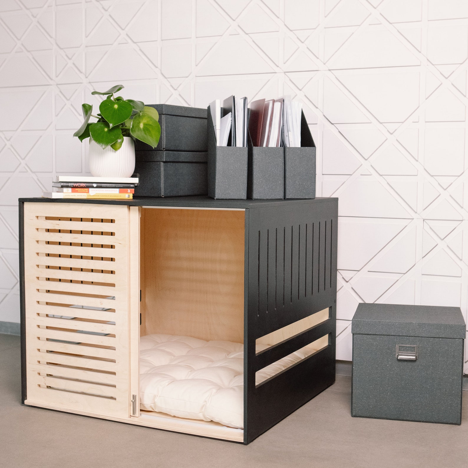Image showcasing Modern Dog Crate With Wooden Sliding Door With a Latch - Etsy