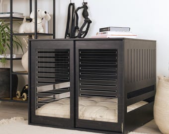 Modern dog crate with acrylic sliding door with a stopper Dordrecht Wood. Dog kennel, dog house, dog bed, indoor dog house, dog cage.