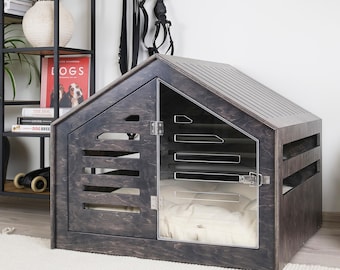 Modern design dog crate with acrylic door Venlo Wood. Dog kennel, dog house, dog bed, indoor dog house, dog cage.