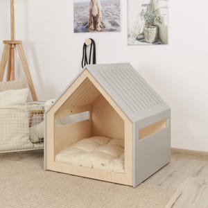 Modern crate/house for small and medium dogs, soft cotton cushion is included, free customization with pet name.