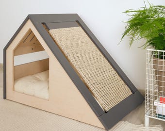 Modern cat house with changeable scratcher/cat bed/cat pillow/wooden cat house/cat kenne/cat furniture/cat cave/cat scratching