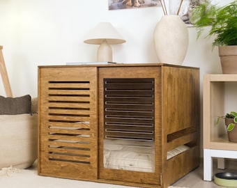 Modern dog crate with acrylic sliding door with a stopper Dordrecht Wood. Dog kennel, dog house, dog bed, indoor dog house, dog cage.