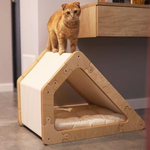 May include: A wooden cat bed shaped like a house with a white fabric roof. A ginger cat is standing on the roof of the bed.