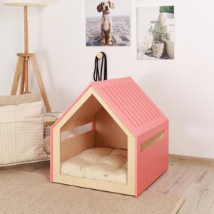 Modern crate/house for small and medium dogs, soft cotton cushion is included, free customization with pet name.