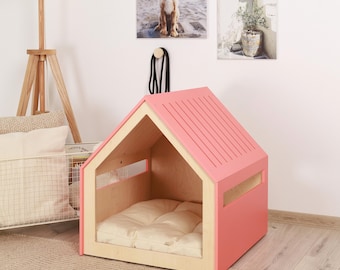 Modern crate/house for small and medium dogs, soft cotton cushion is included, free customization with pet name.