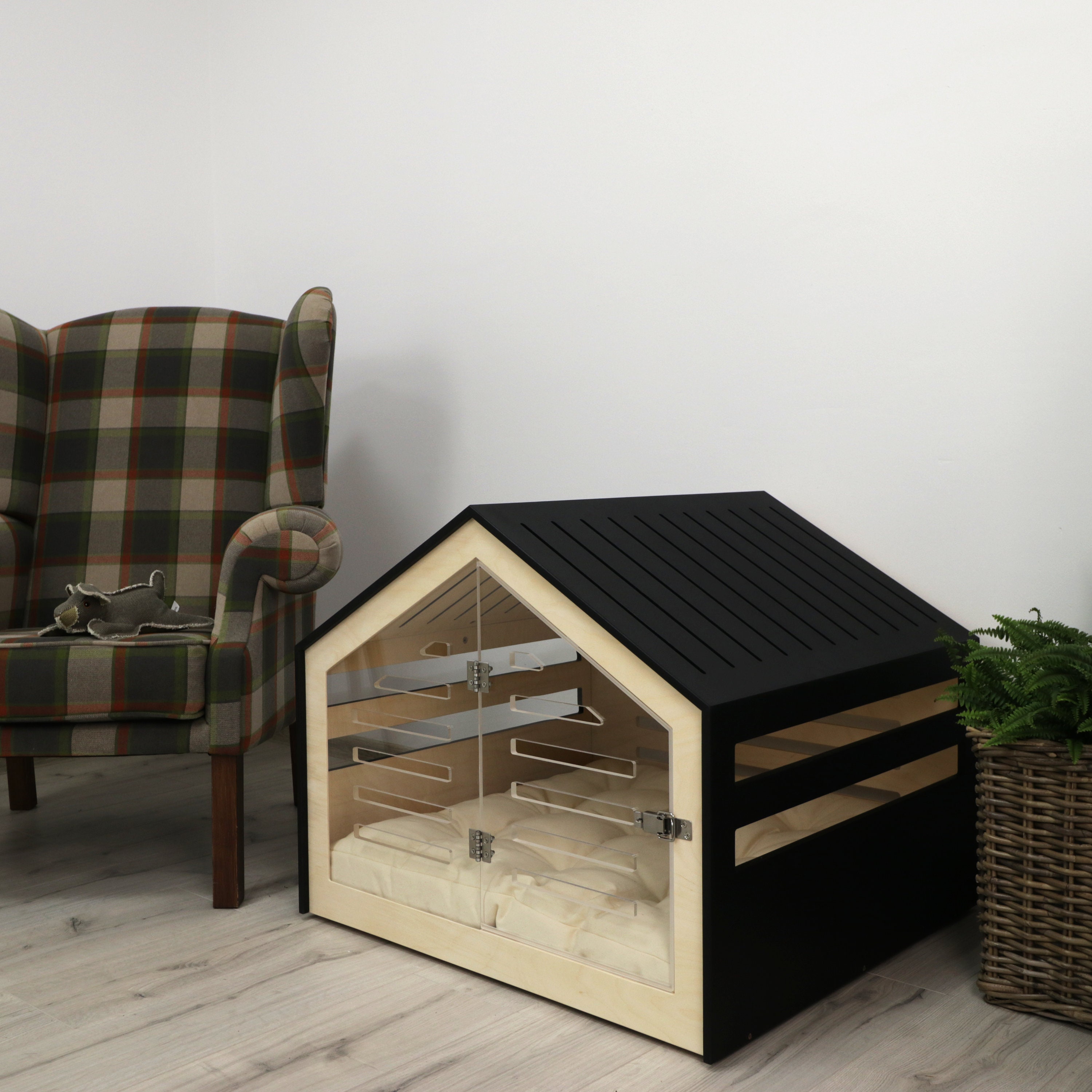 Illustration of Dog Crate With Live Edge And Mesh Ventilation