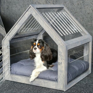 Fully transparent modern dog and cat house with acrylic sides PetSo. Dog bed, cat bed, indoor dog house, dog kennel, dog crate.